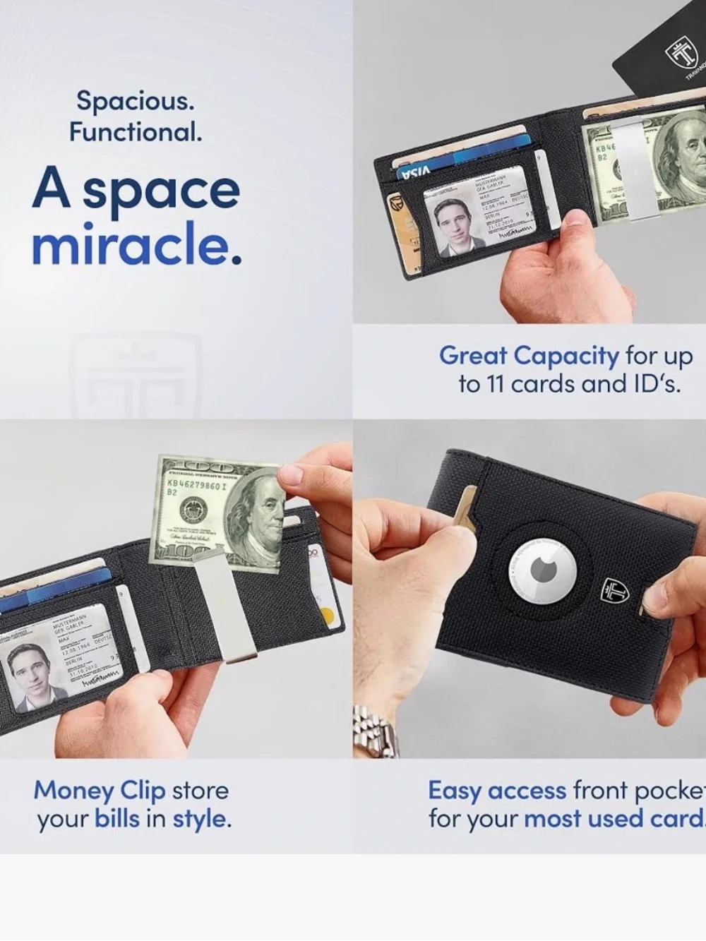 TRAVANDO Black RFID Money Clip Wallet with AirTag Pocket